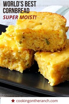 three cornbreads stacked on top of each other with the words world's best cornbread super moist