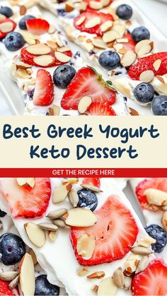 the best greek yogurt keto dessert with berries and almonds on top