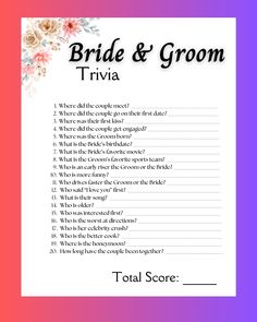 the bride and groom trivia is shown in pink, purple, and orange colors