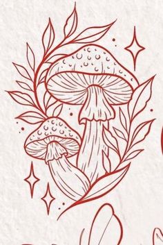 a red ink drawing of mushrooms and leaves with the word love written below it on a white paper