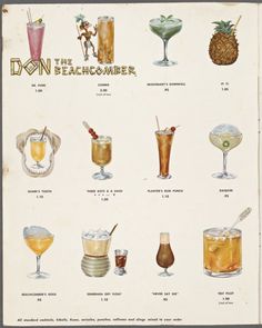 an old poster shows different types of cocktails and drinks in glasses, including one with a pineapple on the top