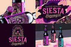 several different types of beer on display in front of a pink and purple background with the words siesta brewing