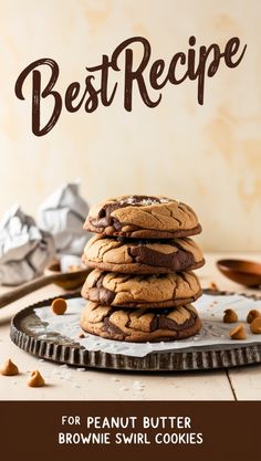 the best recipe for peanut butter brownie swirl cookies on a plate with chocolate chips