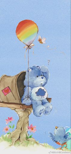 a painting of a teddy bear in a mailbox with a rainbow balloon attached to it