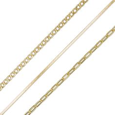 With a trio of classic looks, this chain bracelet set answers all your style needs. Fashioned in warm 10K gold, this set features three chains - one 3.2mm-wide hollow curb chain, one 1.5mm-wide hollow herringbone chain and one 3.0mm-wide semi-solid paper clip link chain. Each 7.5-inch bracelet secures with a lobster claw clasp. Polished to a bright shine, this set is perfect for creating layered looks. Herringbone Chain, Link Chain Bracelet, Curb Chain, Layered Look, 10k Gold, Paper Clip, Link Chain, Lobster Claw, Bracelet Set