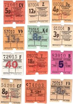 ten old concert tickets from the 1970's and 70's, all numbered in different colors