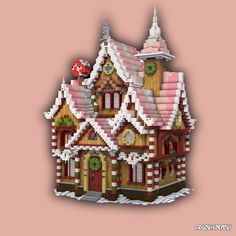 a christmas house made out of legos on a pink background with the word merry written below it