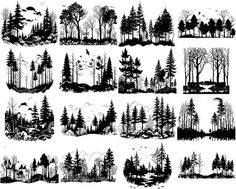 Forest Tattoo Stencil, Cool Nature Tattoos, Mirror Tattoos, Cool Nature, Forest Drawing, Forest Silhouette, Landscape Tattoo