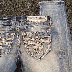 Womens Rock Revival. Straight. New With Tags Shalkar Jeans, Jeans With Gems On Pockets, Rock Revival Jeans Outfit, Mexican Pants, Rock Rival Jeans, Mexican Jeans, Gem Jeans, Rock Revival Jeans Women, Country Jeans