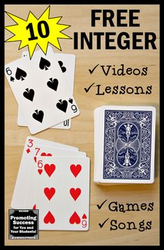 an image of playing cards with the text free integer videos lessons games songs