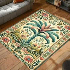 a living room area with a rug on the floor