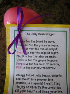 an easter egg with a poem attached to it on a piece of paper that says, the jelly bean prayer