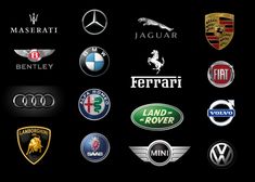 many different types of car logos on a black background, including lamb, jaguar, bentley, ferrari, and more