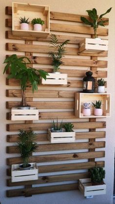 wooden pallet wall with planters and potted plants on it in front of a white wall