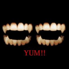 two teeth with the words yum written on them in red and black text below