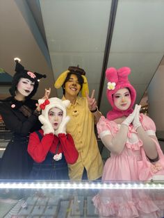 Sanrio cosplay cosplayers 3 Person Cosplay Ideas, Cosplays For Trios, Hello Kitty And Friends Cosplay, Sanrio Characters Halloween Costume, Sanrio Group Costume, Sanrio Cosplay Group, 4 Costume Ideas Group Of, Hello Kitty And Friends Costume, 4 Matching Halloween Costumes