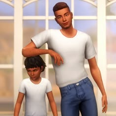 an animated man standing next to a young boy