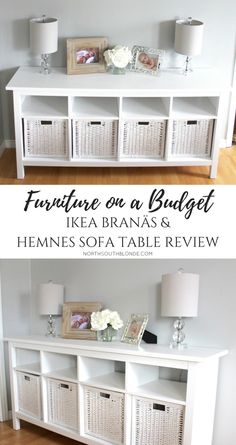 two white shelves with baskets on top and the words furniture on a budget kea bran s hemnes sofa table review