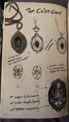 an open book with several different necklaces on it's cover and instructions to make them look like pendants