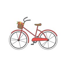 a red bicycle with a basket full of flowers on the front wheel and handlebars