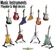 a group of guitars that are all different colors and sizes, with the caption music instruments playable & wall decors