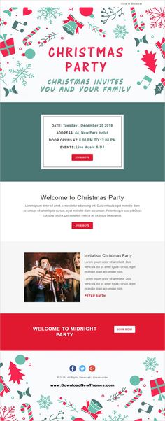 the christmas party website is displayed in red, white and green colors with snowflakes on