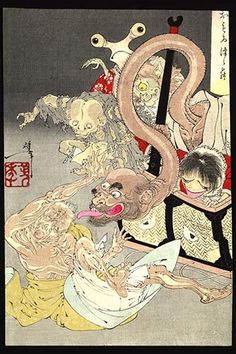 'Pandora's Box Omoi Tsuzura and Yokubari Obasan' by Taiso Yoshitoshi Painting Print Monster Mythology, Yoshitoshi Tsukioka, Mythology Monsters, Folklore Creatures, Tsukioka Yoshitoshi, Japanese Yokai, Japanese Myth, Japanese Monster, Japanese Mythology