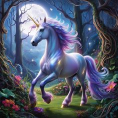 a unicorn is standing in the middle of a forest with trees and flowers around it