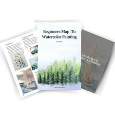 three books on watercolor painting with pictures of trees and boats in the water behind them