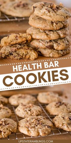 chocolate chip cookies stacked on top of each other with the words health bar cookies above them