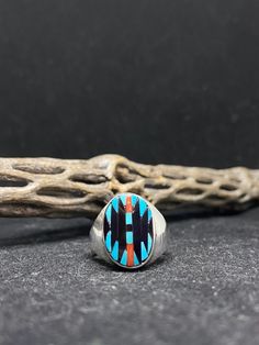 "handmade Native American Zuni inlay Multi stone Traditional Stones Mens Ring Size 11 Condition is New with tags. Shipped with USPS First Class. This ring is made with the famous Zuni style; Inlay Inlay is the process of hand-cutting each stone to fit in a flush surface. As you can see, the stones are also slightly raised to give it a textured feeling. The stones in this beautiful ring consist of sleeping Beauty Turquoise, ox blood Coral, Black onyx, and mother of pearl. Silver work is very mode Turquoise Men, Long Ring, Man Ring, Mens Ring Sizes, Silver Work, Mens Ring, Sleeping Beauty Turquoise, Light Blue Color, Beautiful Ring