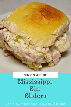 a close up of a sandwich on a plate with the words mississpi sin slides