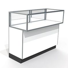 an empty glass display case on a white background