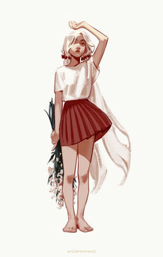 a drawing of a girl in a red skirt and white shirt with her hand on her head