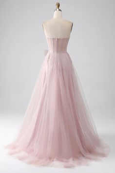 Pink Strapless Gown For Banquet, Tulle Dress With Sweep Train And Sweetheart Neckline, Pink Strapless Prom Gown, Strapless Pink Evening Dress For Wedding, Strapless Tulle Dress With Sheer Bodice, Strapless Tulle Dress For Banquet, Strapless Dresses With Fitted Bodice In Tulle, Pink Strapless Prom Evening Dress, Pink Tulle Banquet Dress