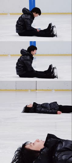 the woman is laying down on the ice rink