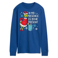 Let everyone know what you got them with this funny Dr. Seuss Grinch My Presence Is Your Present long sleeve graphic tee. Let everyone know what you got them with this funny Dr. Seuss Grinch My Presence Is Your Present long sleeve graphic tee. Crewneck Long sleevesFABRIC & CARE Cotton Machine wash Imported Size: XXL. Color: Med Blue. Gender: male. Age Group: adult. Dr Seuss Grinch, Dr Seuss The Grinch, Long Sleeve Graphic Tee, Winter Ideas, Matching Family Pajamas, Men's Long Sleeve T-shirt, Grinch Christmas, The Grinch, Kindergarten Classroom