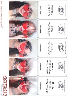 four different pictures of a woman with red makeup