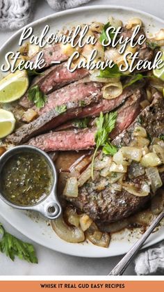 a plate filled with steak and vegetables next to a bowl of sauce on the side