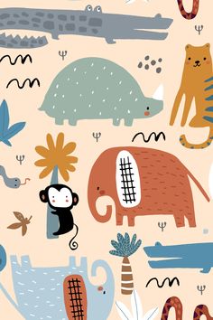 an animal themed wallpaper with animals and plants