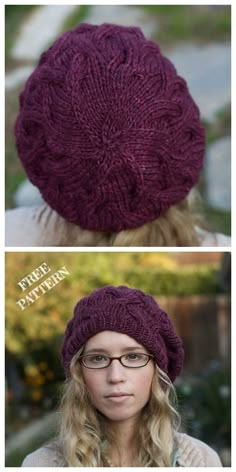 two pictures of a woman wearing a knitted hat