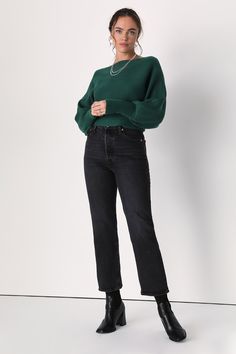 Keep your wardrobe stylish yet comfortable this winter season with a closet essential like the Lulus Classically Cozy Dark Green Ribbed Dolman Sleeve Cropped Sweater! This chic sweater is composed of stretchy midweight ribbed knit that shapes a pullover design and a boat neckline. Trendy dolman sleeves (with long fitted cuffs) frame the relaxed bodice that falls to a cute cropped hem. Fit: This garment fits true to size. Length: Size medium measures 16" from shoulder to hem. Bust: Great for any Dark Green Knitted Sweater, Ribbed Cropped Sweater For Fall Workwear, Fall Ribbed Cropped Sweater For Work, Forest Green Outfits For Women, Chic Cropped Sweater With Ribbed Cuffs For Winter, Cozy Cropped Sweater For Everyday Fall Use, Classic Cropped Sweater For Fall Layering, Chic Cropped Crew Neck Sweater For Winter, Everyday Long Sleeve Cropped Sweater For Winter