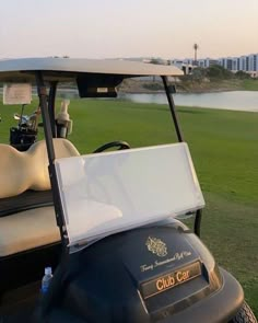 a golf cart parked on the grass near water