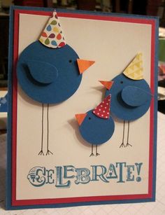 a card with two blue birds wearing party hats on top of each other and the words celebrate written in large letters