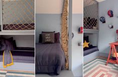 three pictures of bunk beds in different rooms, one has a desk and the other has a chair