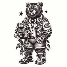 a black and white drawing of a bear holding two fish in his hands with stars around it