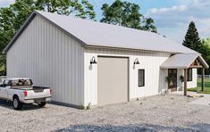 two cars are parked in front of a garage with a shed on the other side