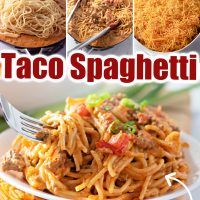 the cover of taco spaghetti is shown with pictures of different types of food on it