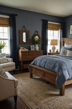 a bedroom with blue walls and wooden furniture