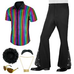 PRICES MAY VARY. Fabric:Polyester Products Include:Short Sleeve Shirt,Bell Bottom Pants,Wig,Glasses,Necklace,Fake Mustache Retro shirt and bell bottom pants,paired with wig,"DISCO"necklace,sunglasses,and fake mustache.The sleek design and retro flair make them perfect for capturing the authentic disco era vibe. This mens 70s disco costume suitable for disco-themed events, 70s party, theatrical performances, costume parties, Halloween parties and retro fashion enthusiasts. It is recommended to ha 70s Halloween Costumes, Mens 70s Disco, Outfit Hombres, 70s Disco Costume, Outfits Short Sleeve, Disco Costume, Men's Wigs, Bell Pants, Disco Era